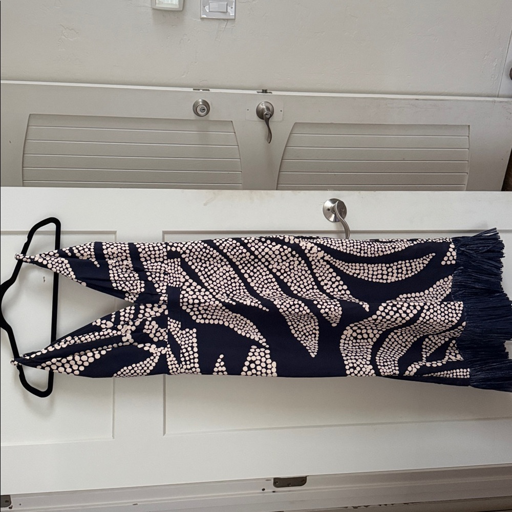 Johanna Ortiz Navy and White Printed Sleeveless Midi Dress with Fringe Hem - Picture 4 of 10